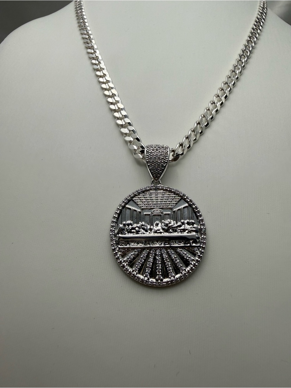 20 Inch Silver Filled AAACZ Cuban Link Last Supper Pendant Necklace